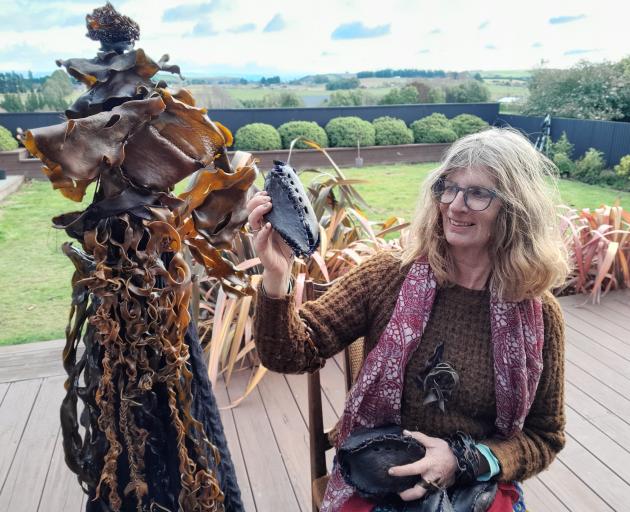 In what might be a global first, Oamaru artist Judith Lofley holds on to kelp rugby balls she...