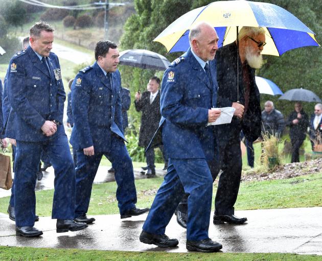 Being welcomed on to Ōtākou Marae yesterday are (from left) Southern district commander...