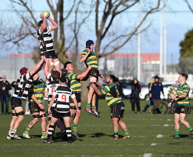 A lineout from today's Dunedin premier club rugby semifinal between Southern and Green Island at...