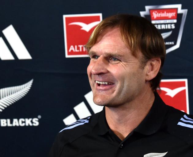 All Blacks coach Scott Robertson holds forth during a press conference at the Distinction Hotel...