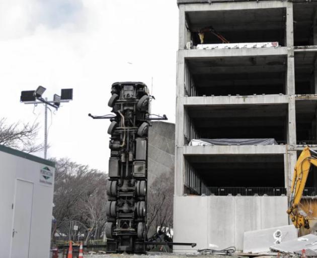 A truck has tipped up on its end outside the New Zealand Campus of Innovation and Sport in Upper...