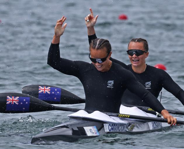 Lisa Carrington (left) and Alicia Hoskin celebrate after winning gold in the women's K2 500m...