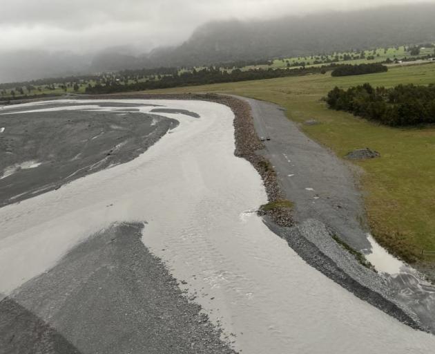 A stopbank system on the Waiho River's south bank protects the farming area. PHOTO: GREYMOUTH STAR