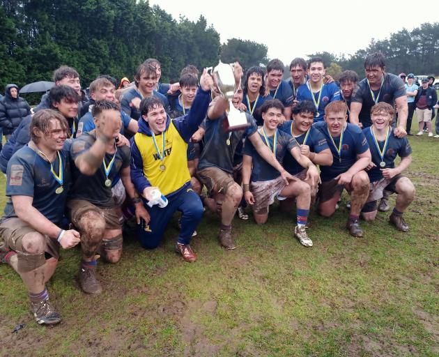 Southland Boys' celebrate after beating King's in the Southern Schools Rugby Championship final...