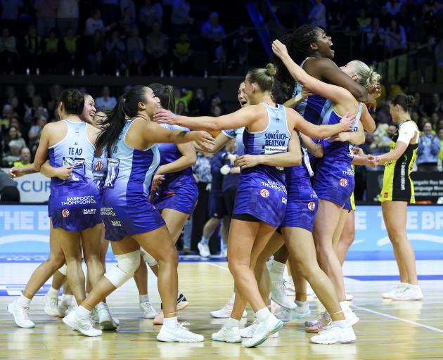 The Mystics celebrate winning the 2024 ANZ Premiership grand final against the Pulse at TSB Arena...