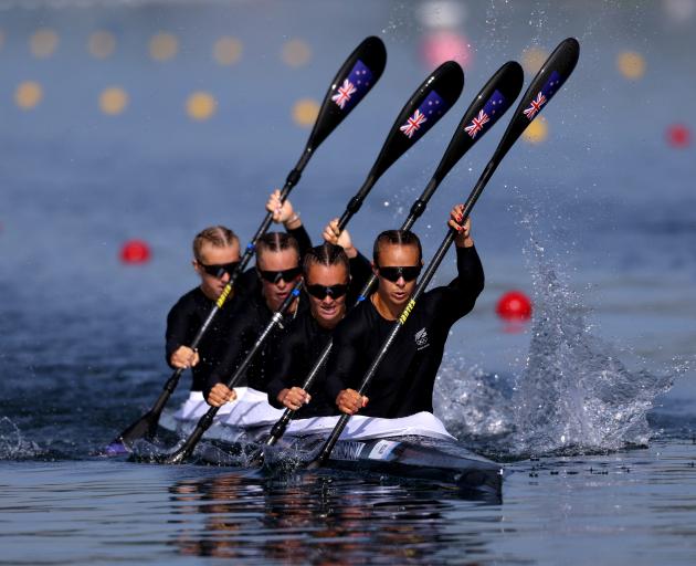 From front: Dame Lisa Carrington, Alicia Hoskin, Olivia Brett and Tara Vaughan are straight...