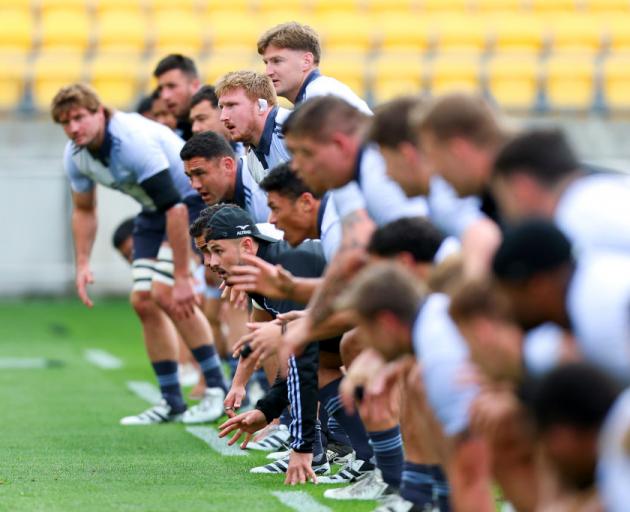 Players take part in a drill during an All Blacks training session at Sky Stadium in Wellington...