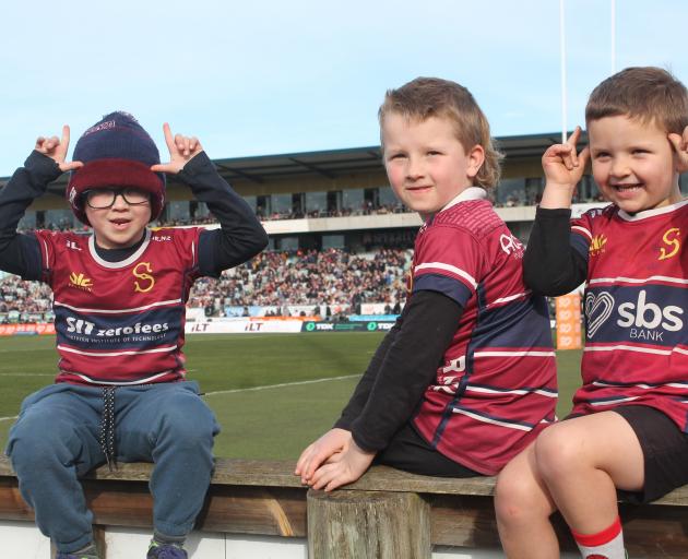 Supporting their team are Southland Stags supporters (from left) Aidan Davison, 7, Carter Batt, 6...