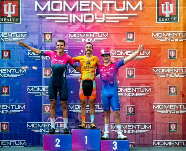 On the podium after the Mass Ave Crit race in Indianapolis are (from left) Kyle Perry, Sam Akin...