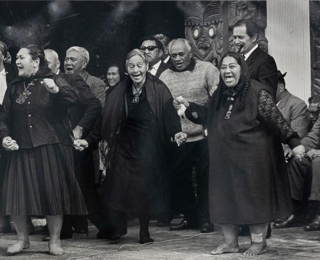 One of Marti Friedlander’s photographs, Tūrangawaewae Marae Jubilee, 1971, part of an exhibition...