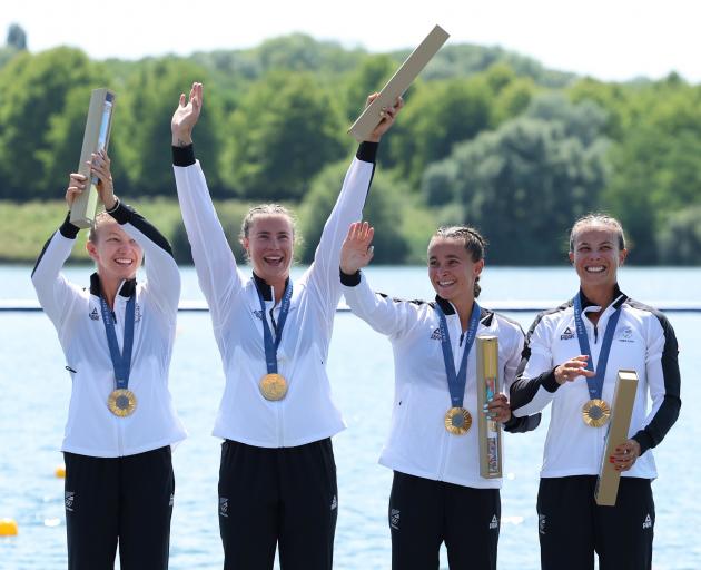 Gold medallists Tara Vaughan, Olivia Brett, Alicia Hoskin and Lisa Carrington of Team New Zealand...