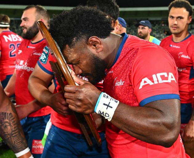 Tasman player Timoci Tavatavanawai celebrates with the Ranfurly Shield following the Bunnings...