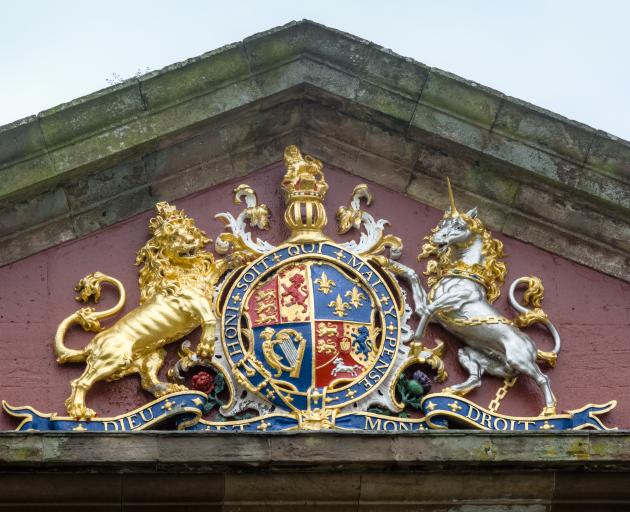 The Coat of Arms of George I at the entrance to Fort George, on the Moray Firth in Scotland. King...