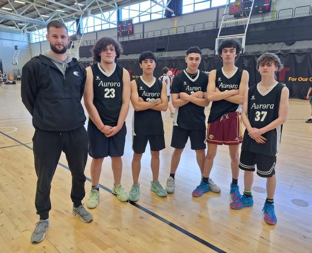 Representing the Aurora College 3x3 boys’ basketball team at the tournament are (from left) coach...