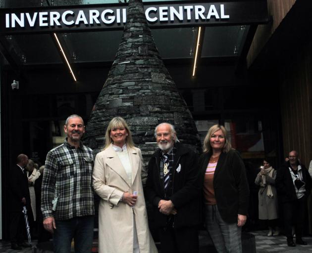 Artist Shane Woolridge, Invercargill Public Art Trail trustee Joc O’Donnell, kaumatua Michael...