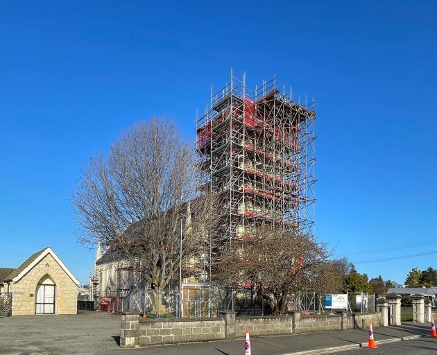 The St Joseph’s Catholic Church in Temuka undergoing work to reattach its spire. PHOTOS: CLARE FRIEL