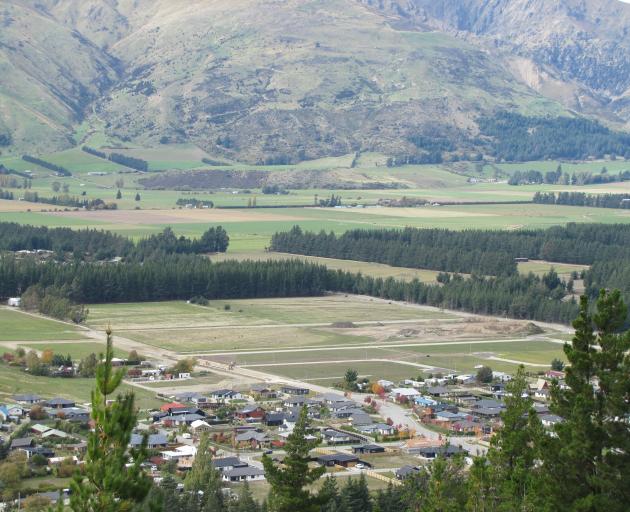 Lake Hawea township - showing bare land in the top half of the photograph beyond pine trees,...