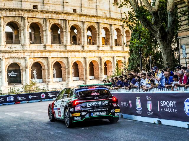 New Zealand rally driver Hayden Paddon prepares to go round the Colosseum as he competes in the...