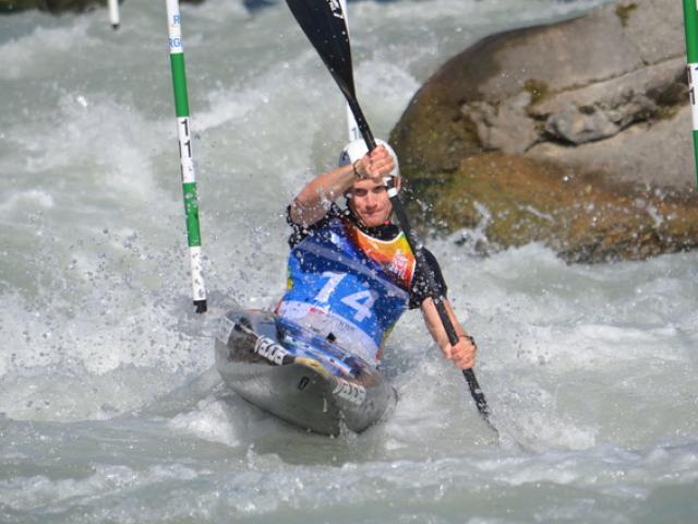 Finn Butcher competes on the river Dora at Ivrea, Italy in an earlier round of the World...