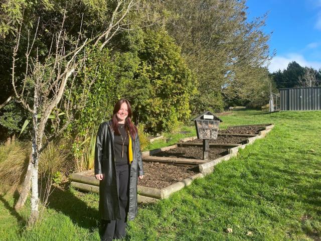 Rotary Dunedin Central president April Eden stands by the raised garden beds at Bradford School,...