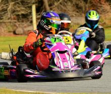 Sam Rook leads a trio in a Briggs Light / Heavy race  at round one of the Kartsport Southland...