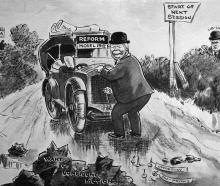 Cartoon by Gordon McIntyre shows Prime Minister William Massey cranking up his "old reliable"...