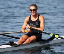 Emma Twigg celebrates winning silver after competing in the women's single sculls finals at...