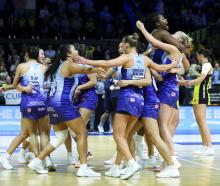 The Mystics celebrate winning the 2024 ANZ Premiership Grand Final against the Pulse at TSB Arena...