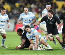 Pablo Matera of Argentina and Sevu Reece of New Zealand compete for the ball during the test...