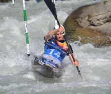 Finn Butcher competes on the river Dora at Ivrea, Italy in an earlier round of the World...