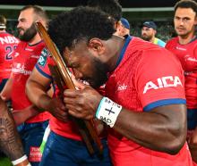 Tasman's Timoci Tavatavanawai admires the Ranfurly Shield after their 25-24 win against the...