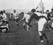 Warwick (Wellington) and Pennycook (Otago) contest the ball in a Wellington v Otago rugby match...