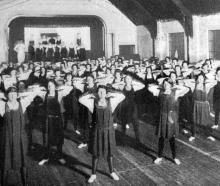 A gymnastics class in the new YWCA hall in Moray Place, Dunedin. — Otago Witness, 26.8.1924