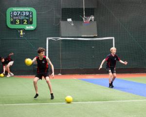 Liam Hill, Oliver Scarth and Finn Leeds (all South Otago) give dodgeball a go. PHOTOS: SUPPLIED