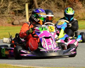 Sam Rook leads a trio in a Briggs Light / Heavy race  at round one of the Kartsport Southland...