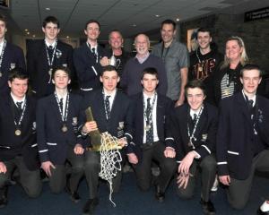 Celebrating Otago Boys' High School's NZ secondary schools basketball title win are (front row)...