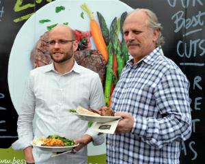 Justin and Frank Marx enjoy lunch during a beef producer day at Silver Fern Farms' Finegand plant...