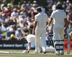 Neil Wagner (C) checks on Australia's Steve Smith after hitting him on the helmet with a short...