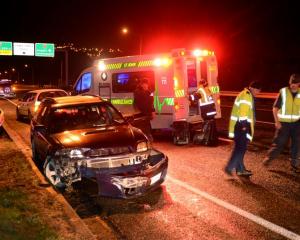 Police at the scene of a car crash on Dunedin's Southern Motorway last night.