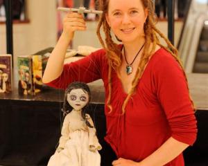 Puppeteer Asphyxia with "Martha Grimstone" in Dunedin yesterday. Photo by Linda Robertson.