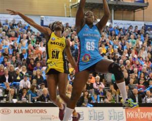 Steel shooter Jhaniele Fowler-Reid out jumps Pulse defender Ama Agbeze at the Edgar Centre on...