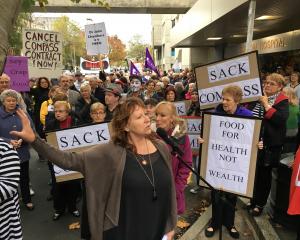 Dunedin South MP Clare Curran speaks at the protest outside Dunedin Hospital. Photo: Craig Baxter