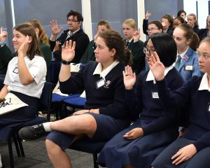 Australian businesswoman Dr Jenine Beekhuyzen addresses Dunedin school pupils yesterday. PHOTO:...