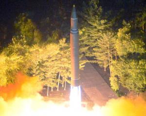 Intercontinental ballistic missile (ICBM) Hwasong-14 is pictured during its second test-fire....