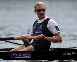 Hamish Bond in action with the New Zealand men’s eight at the 2019 World Rowing Championships in...