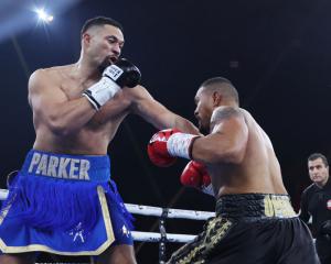 Joseph Parker (L) in action against Faiga Opelu at Margaret Court Arena in Melbourne. Photo:...