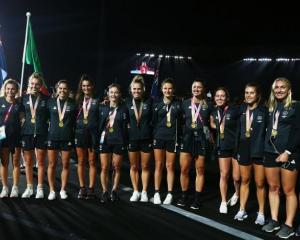 New Zealand medallists pose for a photo during the closing ceremony for the 2018 Commonwealth...