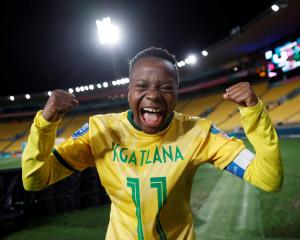 Thembi Kgatlana celebrates after the match as South Africa qualify for the knockout stages of the...