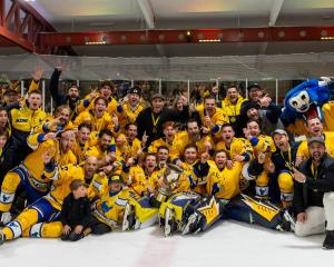 Southern Stampede players celebrate winning the Birgel Cup after a 2-0 sweep of the Botany Swarm...