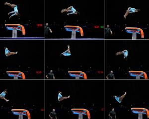 This composite shot shows American Simone Biles performing the Yurchenko double pike (now the ...